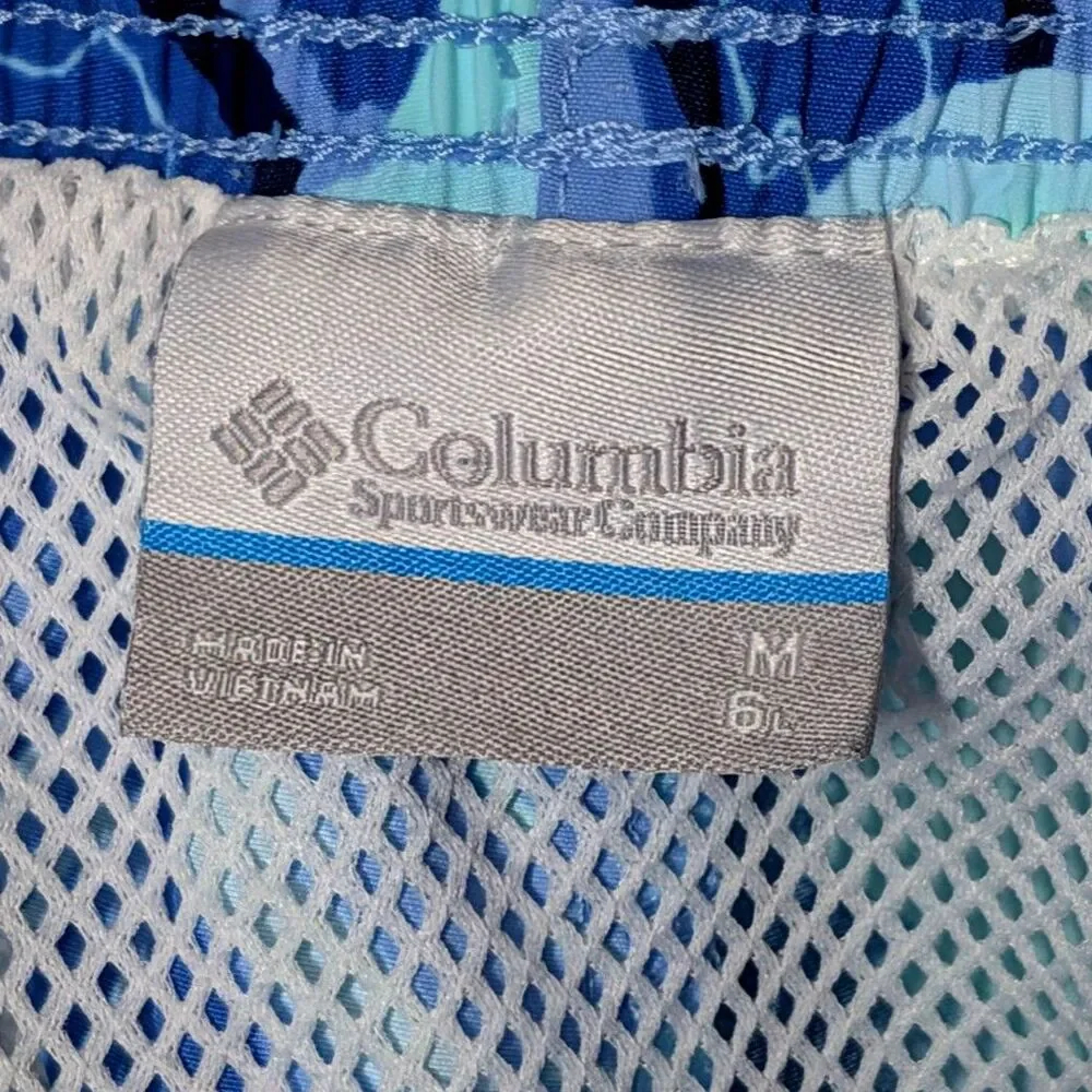 Columbia PFG Blue Tropical Leaf Print Swim Trunks Medium Omni-Shade Mesh Lined